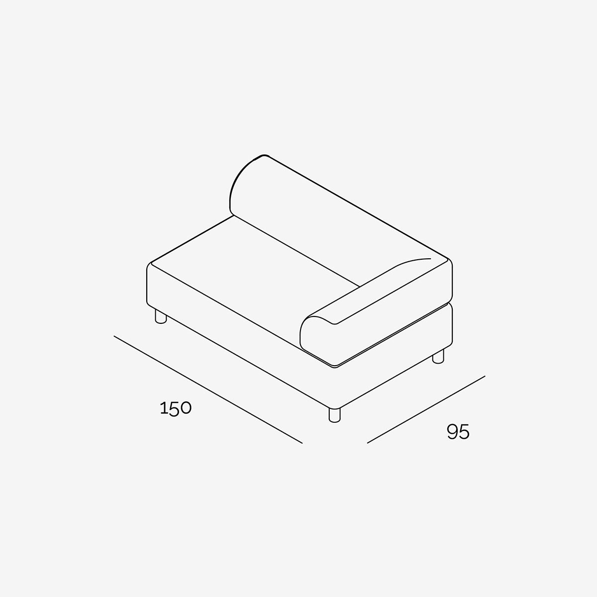 Bolder Sofa 150x95 cm 2 Sitzer mit Armlehne technische Zeichnung