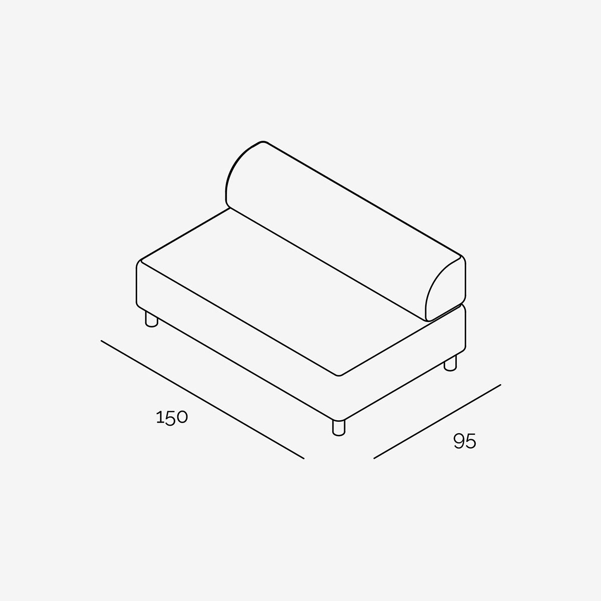 Bolder Sofa 150x95 cm 2 Sitzer ohne Armlehne technische Zeichnung