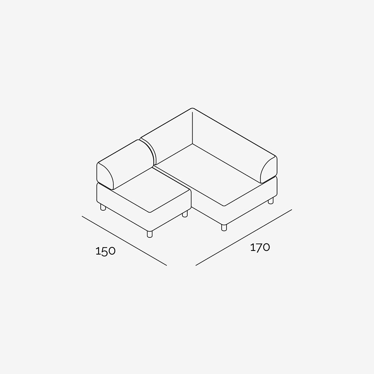 Bolder Sofa 170x150 cm technische Zeichnung Links