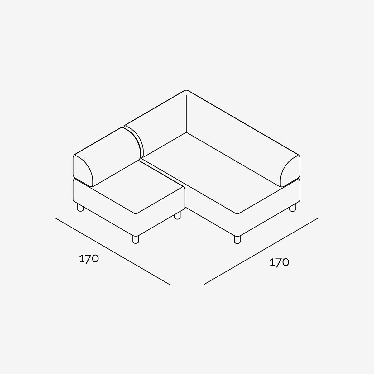Bolder Sofa 170x170 cm technische Zeichnung Links