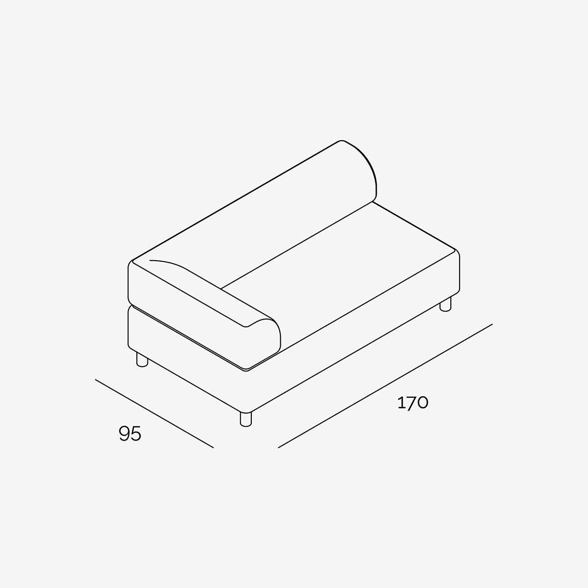Bolder Sofa 170x95 cm 2,5 Sitzer mit Armlehne Links technische Zeichnung