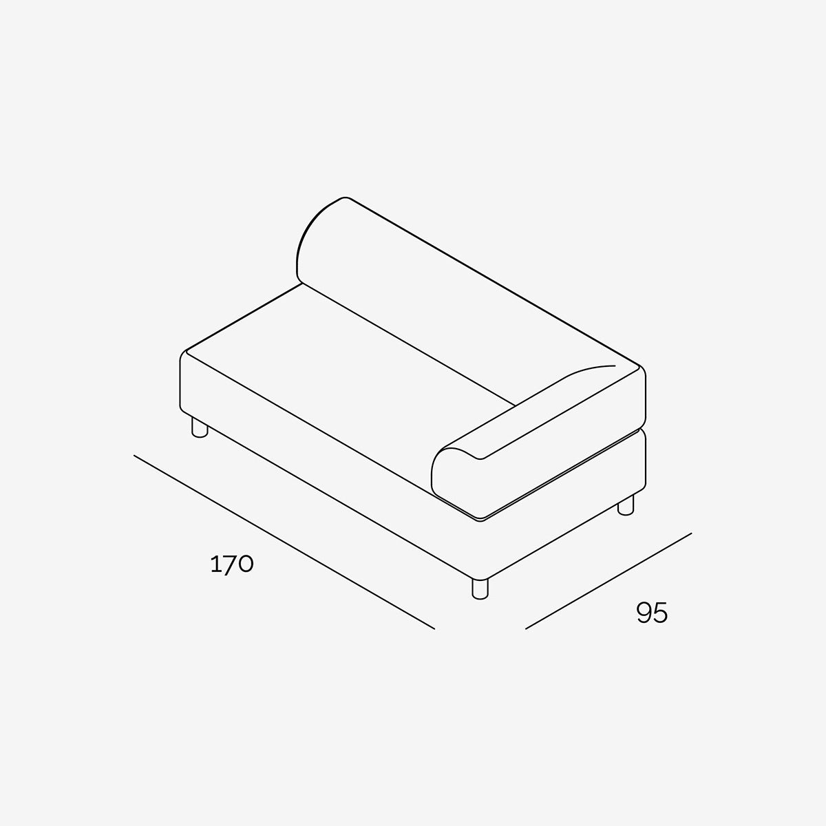 Bolder Sofa 170x95 cm 2.5 Sitzer mit Armlehne technische Zeichnung