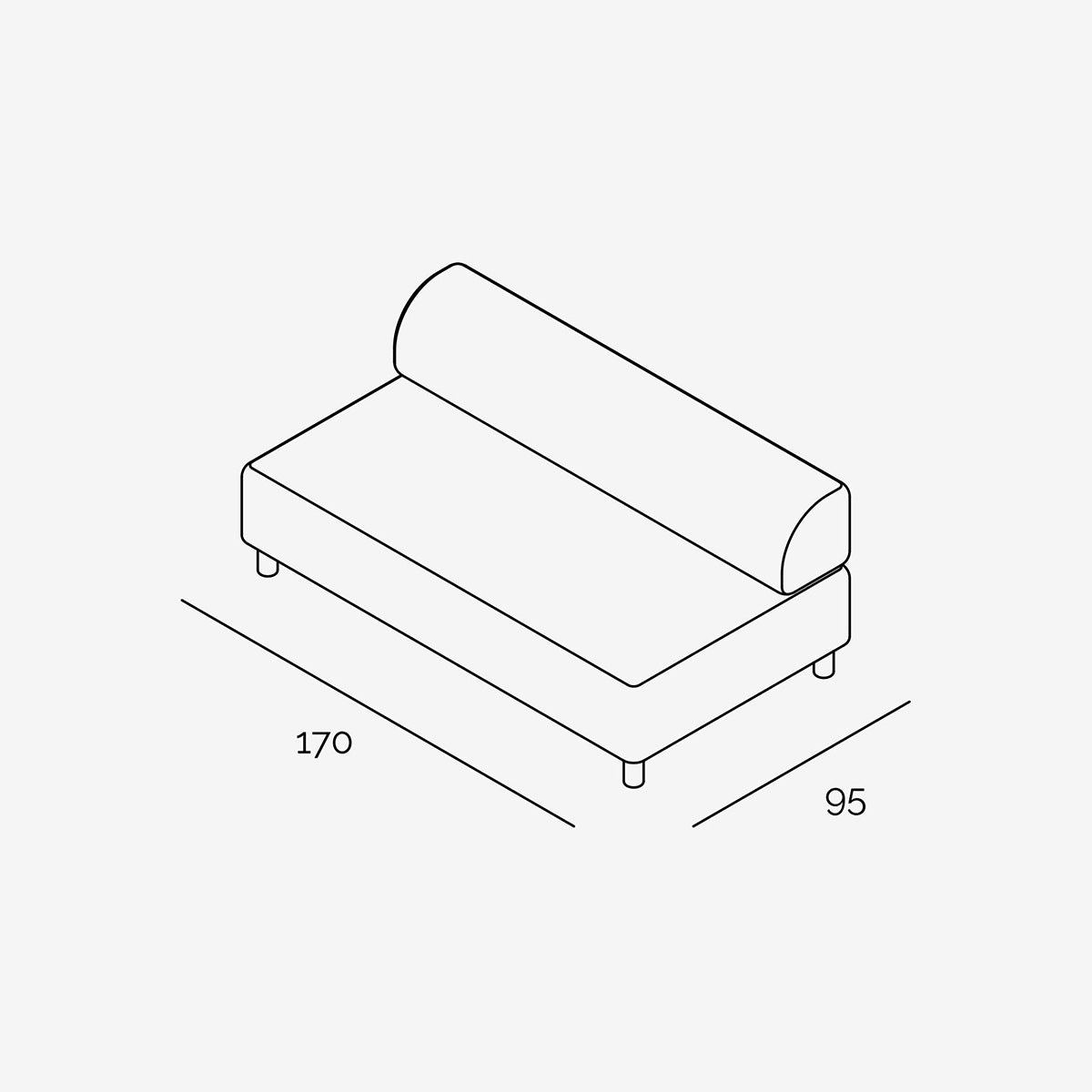 Bolder Sofa 170x95 cm 2.5 Sitzer ohne Armlehne technische Zeichnung