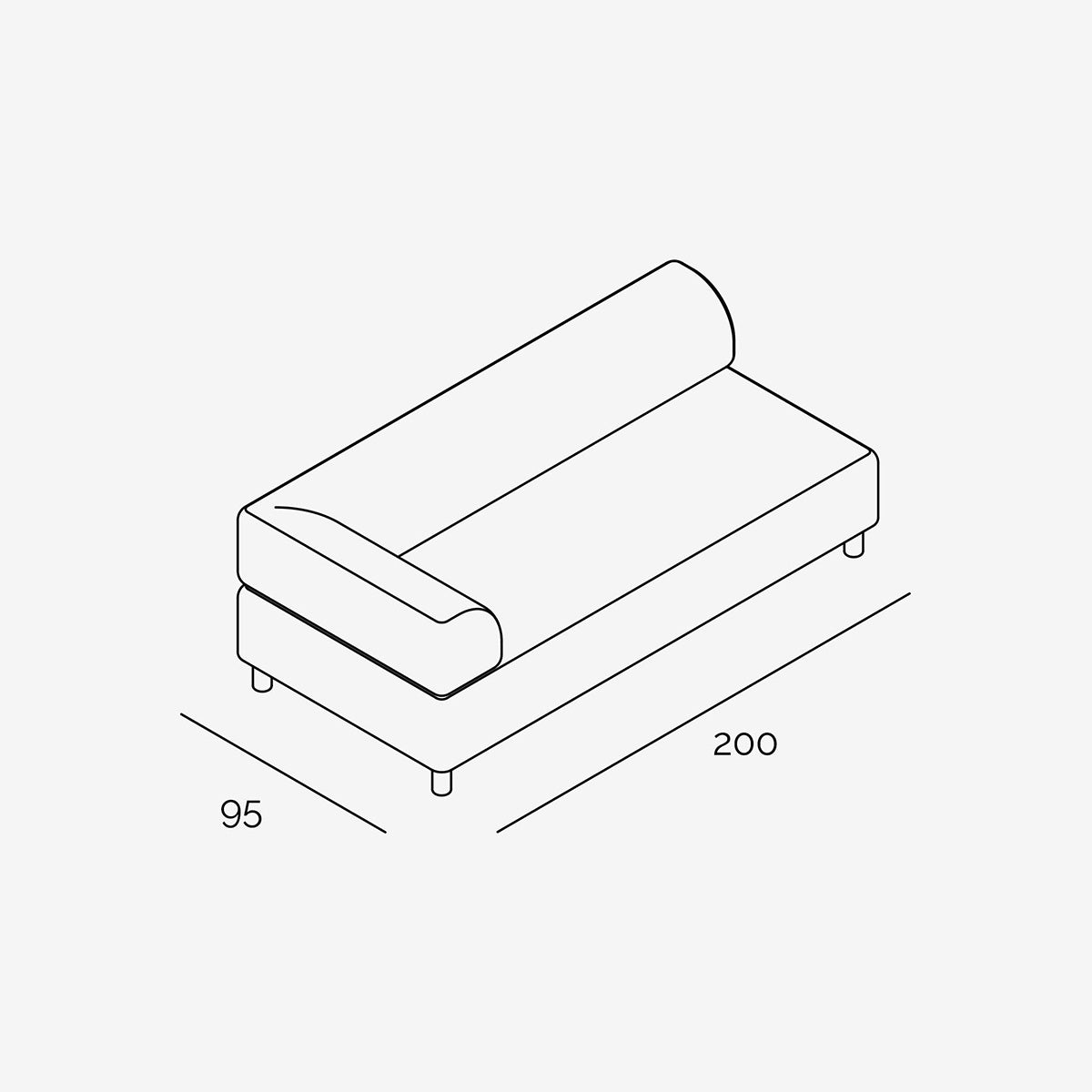 Bolder Sofa 200x95 cm 3 Sitzer mit Armlehne Links technische Zeichnung