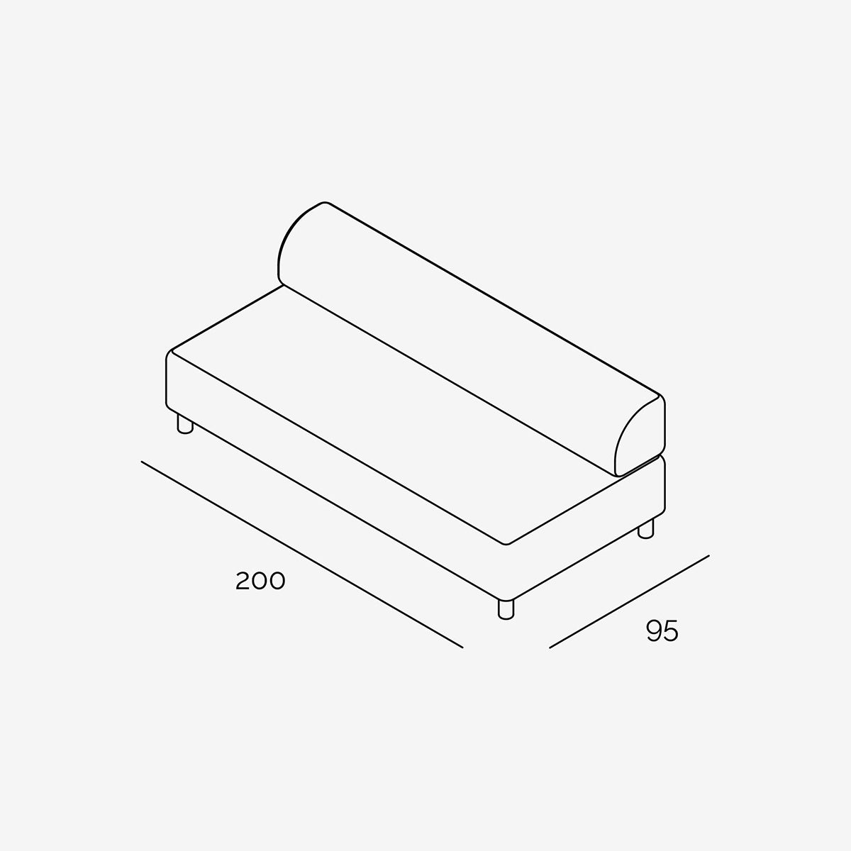 Bolder Sofa 200x95 cm 3 Sitzer ohne Armlehne technische Zeichnung