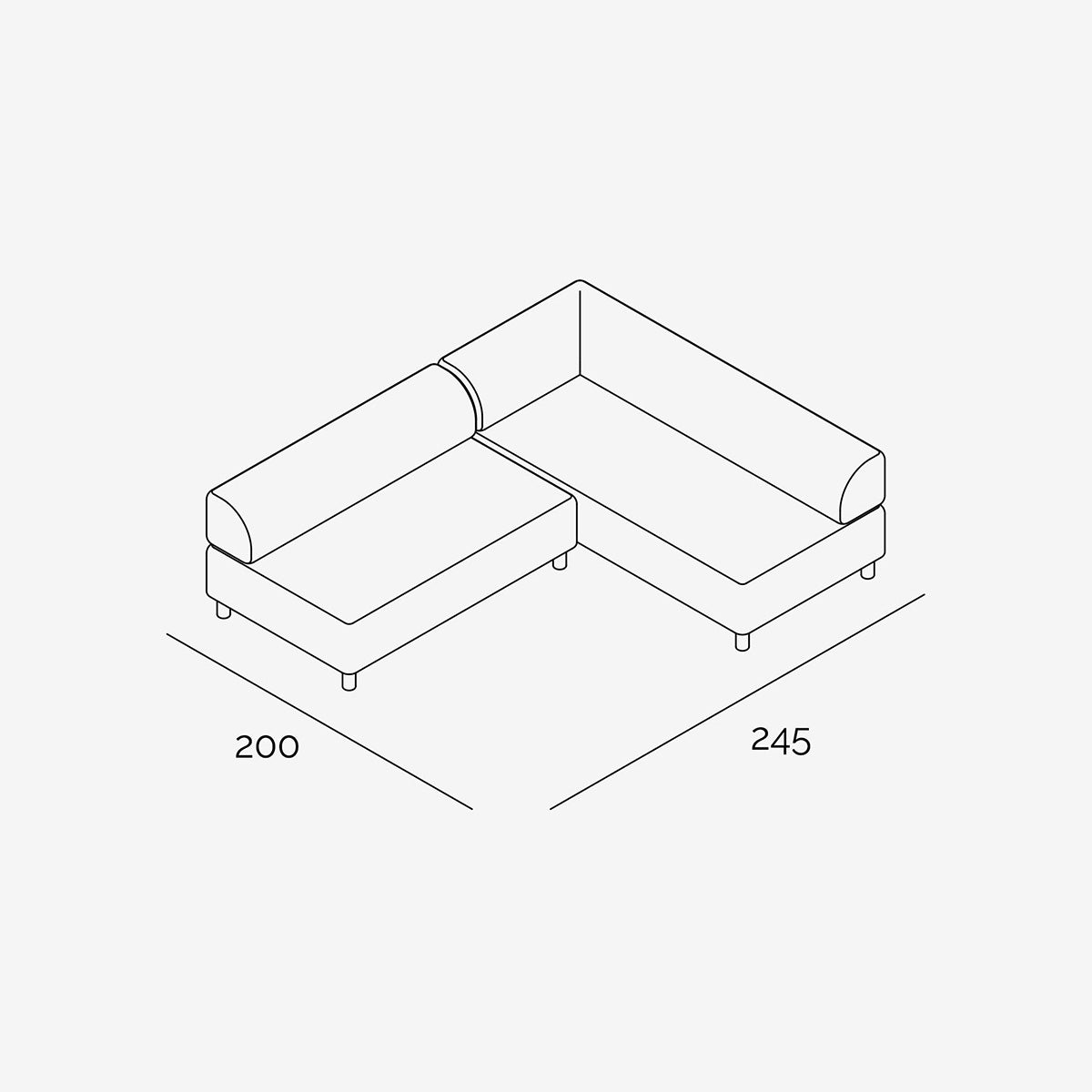 Bolder Sofa 245x200 cm technische Zeichnung Links