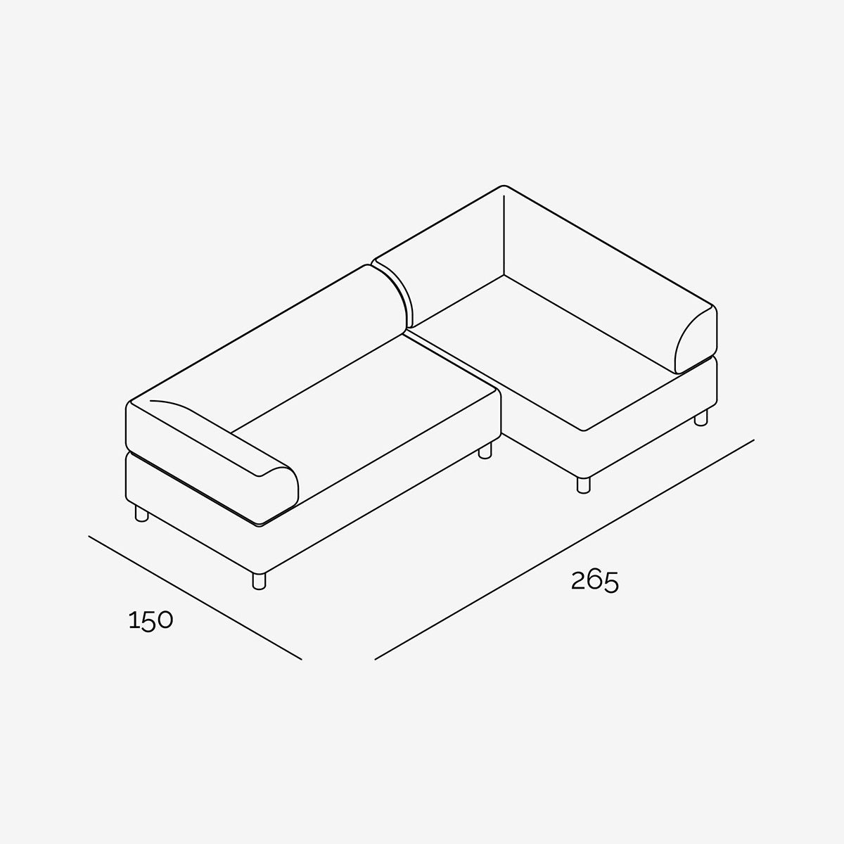 Bolder Sofa 265x150 cm technische Zeichnung Links