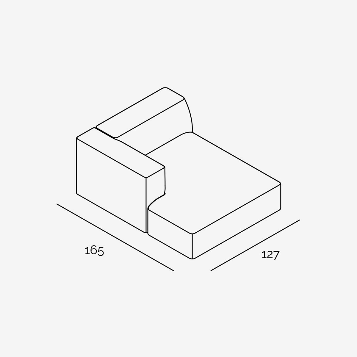 Meester Sofa 127x165 Divan Links technische Zeichnung